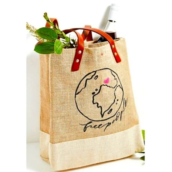 Free People Apolis Burlap Wine Tote Bag - Picture 1 of 15